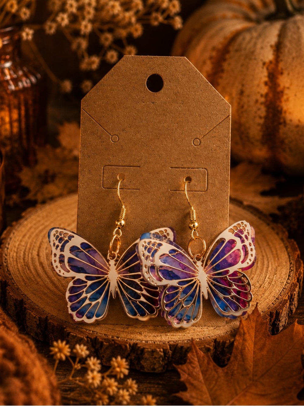 Blue Purple Pink Butterfly Dangle Earrings Gold Tone